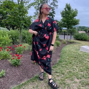 Vintage 1970s Black Red Floral Kaftan Mumu Maxi Dress